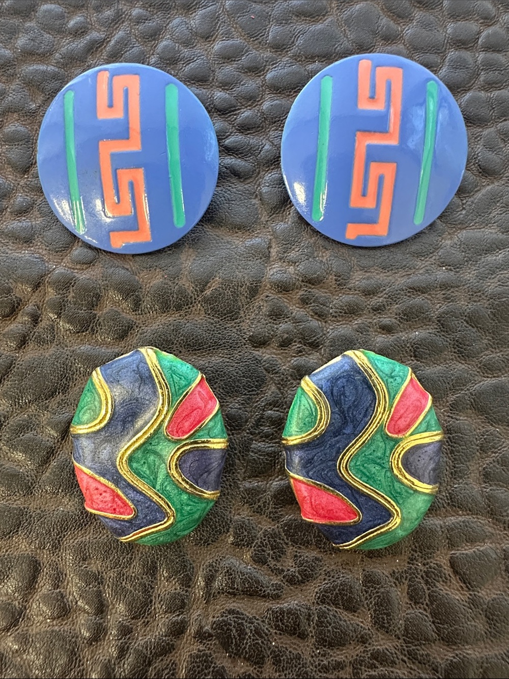 Vintage Colorful Enamel Statement Earrings lot of two pair